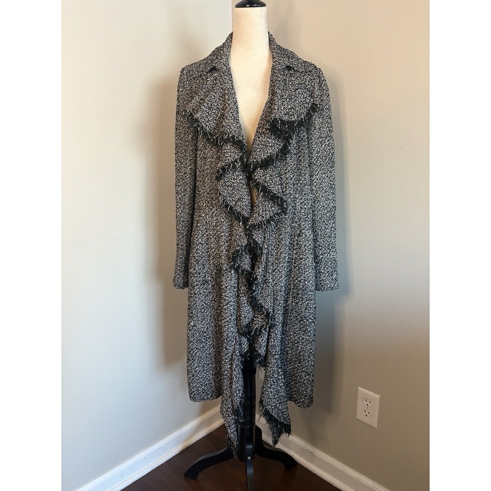 VTG Simon Chang Silk Tweed Ruffle Coat Jacket Y2K Trench Sz 12 Black White Long